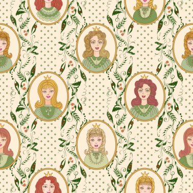 Peri masalı prenses portreleri ve bej bir arka planda yeşil bezelye duvar kağıtları.