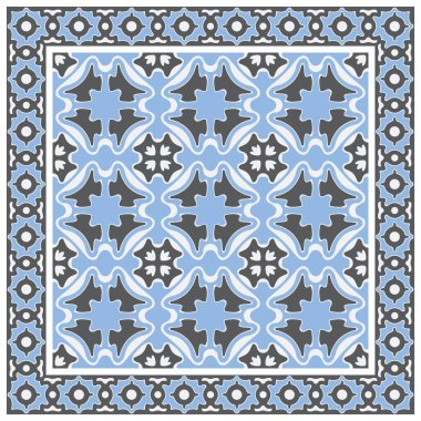 Dekoratif çiçeklerin mavi, beyaz ve siyah eşarp desenleri 