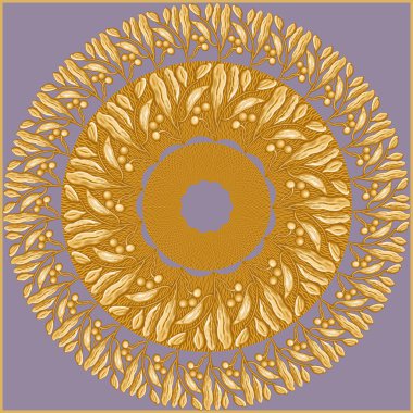 Açık mor bir arkaplanda altın defne çelengi ve zeytin ağacı dalları eşarp vektör deseni