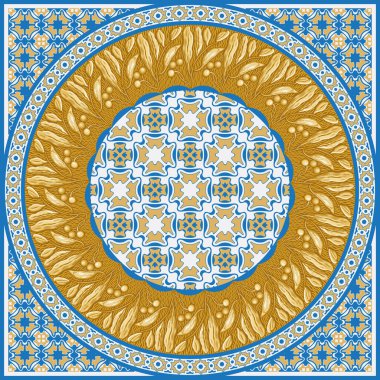 Mavi ve bej mozaik arka planda altın defne çelengi ve zeytin dallarından eşarp vektör deseni