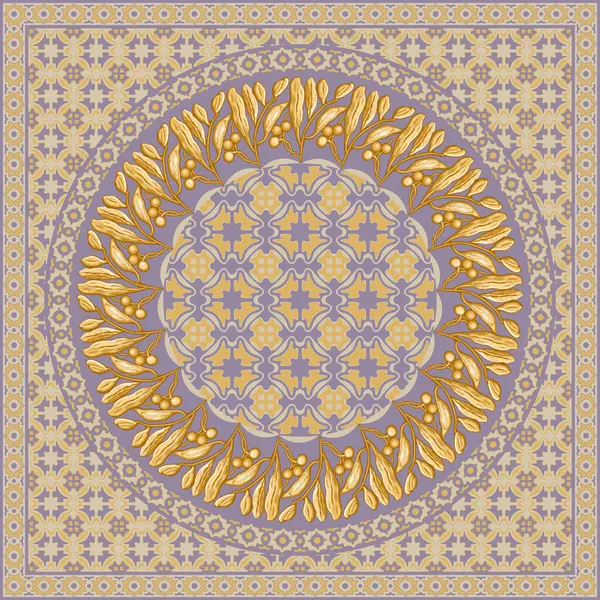 Açık mor mozaik arka planda altın defne çelengi ve zeytin dallarından eşarp vektör deseni