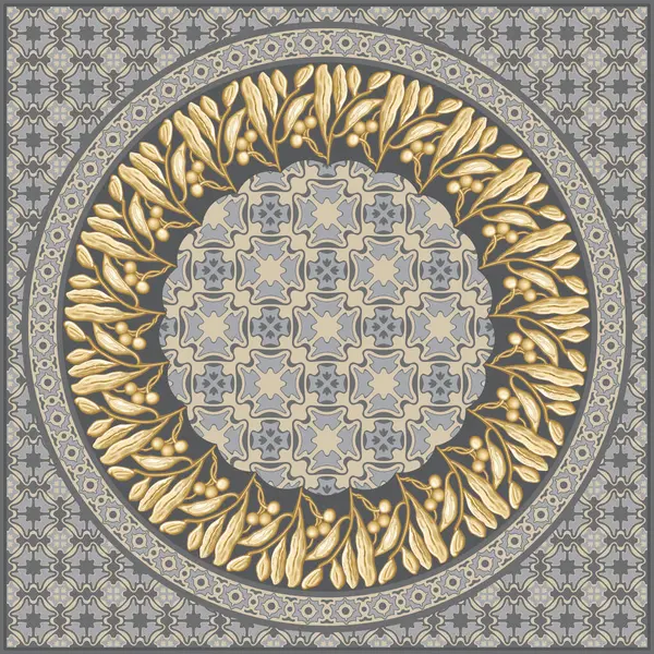 Gri ve bej mozaik arka planda altın defne çelengi ve zeytin dallarından eşarp vektör deseni