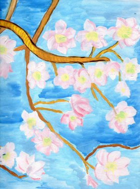 Doğu Yeni Yıl tebrik kartı. Çin erik çiçekleri ve çiçek açan dallar dokulu kağıt mavi arka planda 