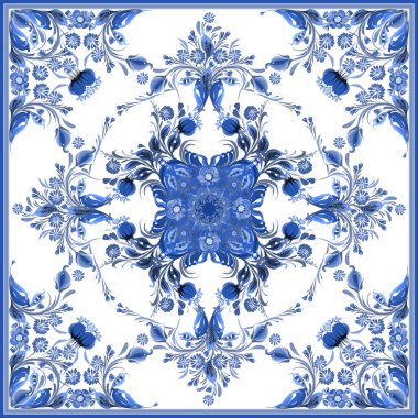 Beyaz arka planda mavi renkli çiçeklerin atkı desenleri.