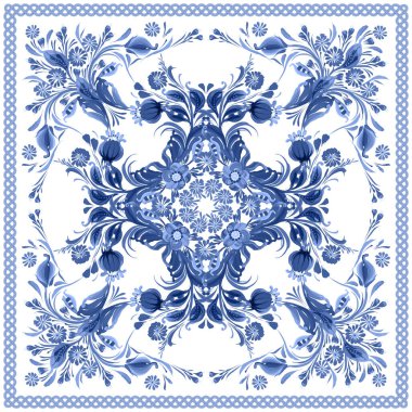 Beyaz arka planda mavi renkli çiçeklerin atkı desenleri.