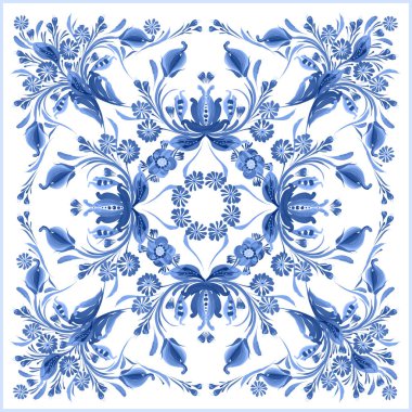 Beyaz arkaplanda mavi renkli çiçeklerin eşarp çiçek vektör deseni