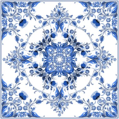 Beyaz arkaplanda mavi renkli çiçeklerin eşarp çiçek vektör deseni