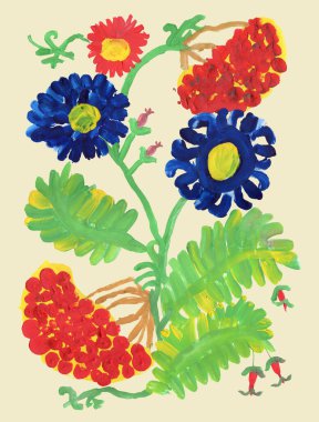 Elle çizilmiş sonbahar çiçeği kompozisyonu. Gouache boyalı Fantasy Dahlia, Paskalya çiçekleri, viburnum dalları, bej arkaplanda Rowan demeti