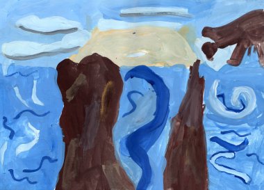 El çizimi Gouache tablosu. Bulutlu gökyüzü arka planında karanlık dağları olan deniz manzarası