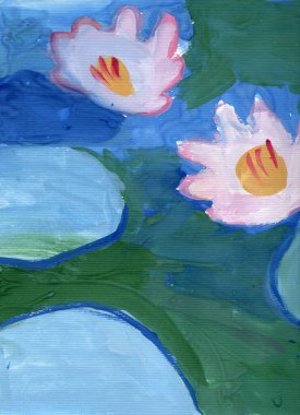 El çizimi guaj resmi. Gölde zambaklar