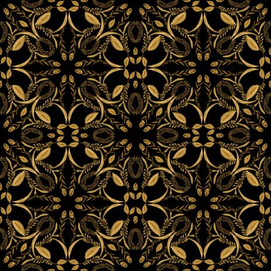 Elle boyanmış altın çiçeklerden ve siyah arkaplanda yapraklardan oluşan çiçek desenleri.