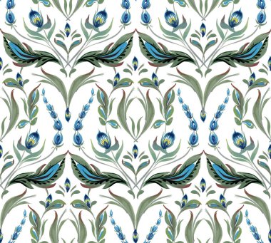 Beyaz arkaplanda mavi çiçeklerin ve yeşil yaprakların pürüzsüz deseni