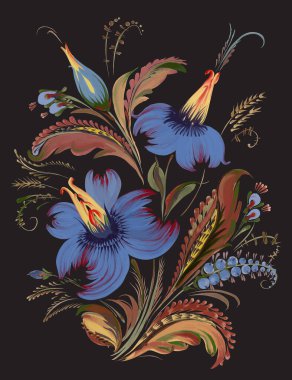 El çizimi fantezi çiçeklerinin vektör çiçek kompozisyonu, siyah arka planda süslü yapraklar.