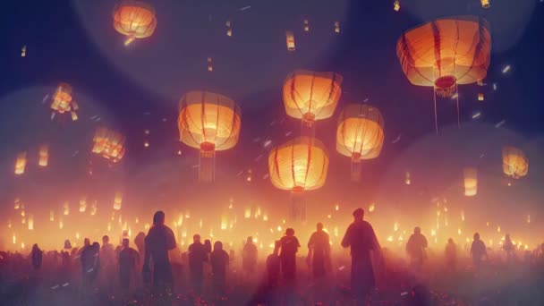 Κινέζικα Φανάρια Πετούν Στον Νυχτερινό Ουρανό Φεστιβάλ Φανών Στην Κινέζικη — Αρχείο Βίντεο