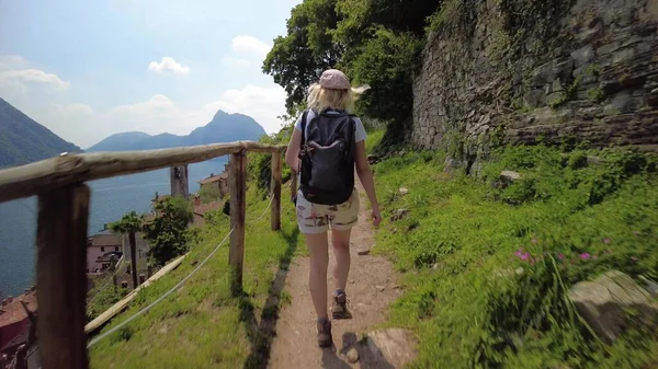 Backpacker Woman Trekking Ulivi Path Gandria District Lugano Town Lugano — Stock Photo, Image