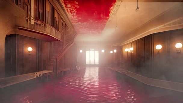 Интенсивный Ужасающий Отель Ужасов Реками Крови Протекающими Коридору Комнатам Хэллоуин — стоковое видео