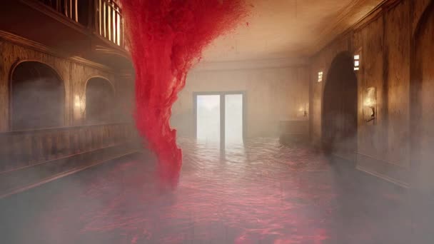 在一个恐怖的闹鬼旅馆的室内 血流成河 流经大厅走廊 万圣节主题和恐怖背景 — 图库视频影像