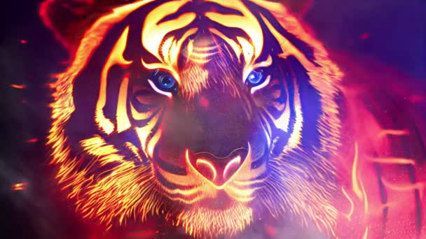 Głowa Ognistego Tygrysa Zrobiona Żarzących Się Żarów Zbliżenie Izolowane Czarnym — Wideo stockowe