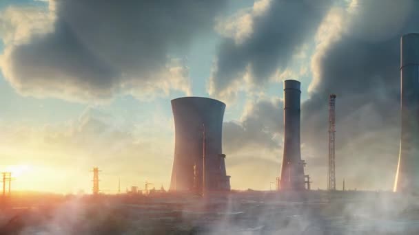 Атомна Електростанція Заході Сонця Сутінковий Пейзаж Великими Димарями Охолоджуючими Вежами — стокове відео