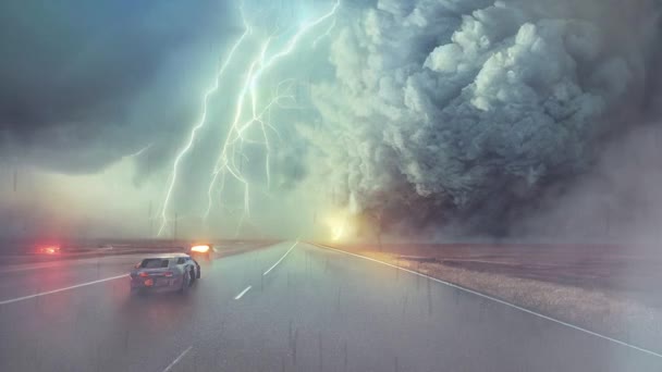 Huracán Tornado Tifón Arrasa Una Calle Ciudad Destruyendo Autos Iluminando — Vídeo de stock