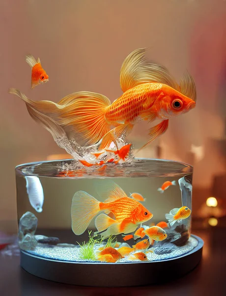 Goldfische Springen Aus Einem Überfüllten Schalenaquarium Konzept Der Wahlfreiheit Und — Stockfoto