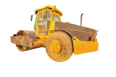 Steamroller 'ın beyaz arka planda izole edilmiş, fotokopi alanı olan perspektif görüntüsü. Çalışma kavramı devam ediyor.