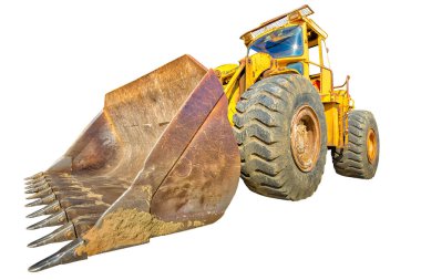 Tekerlekler üzerindeki ağır ve güçlü sarı buldozer kazıcısının geniş açı ve perspektif görüntüsü kopya alanı olan beyaz arka planda izole edilmiş inşaat işleri için. Çalışmalar devam ediyor, endüstriyel makine.