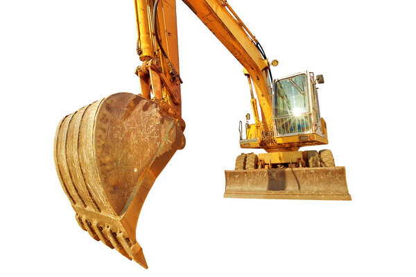 Perspective view of active long arm of yellow excavator in a mine with sand, for building work, isolated on white background with copy space. Work in progress, industrial machine.