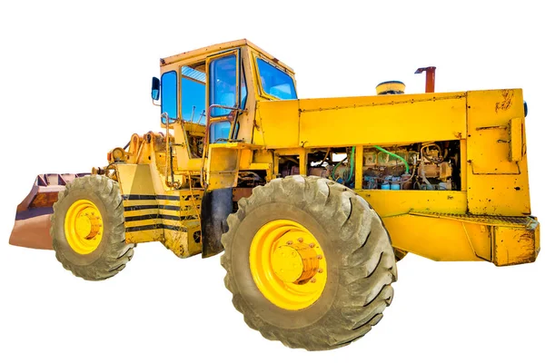 Side View Yellow Tractor Isolated White Background Copy Space — Stock Photo, Image
