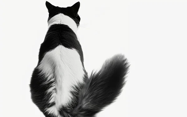 Вид Збоку Чорно Білого Кота Сидить Ізольовано Білому Тлі Вид — стокове фото
