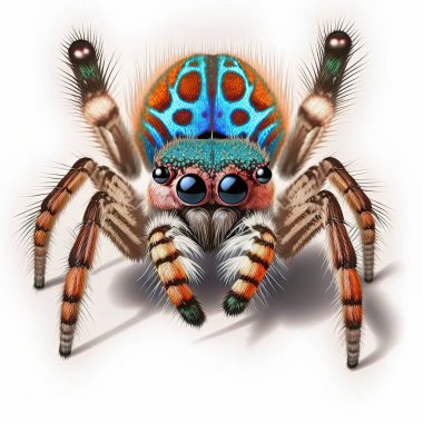Maratus Volans, Salticidae familyasının bir üyesi ve Maratus cinsi, beyaz arka planda izole edilmiş bir tavus kuşu zıplayan örümcektir. Avustralya 'ya özgü ve erkeğin renkli bir karnı var. 3B görüntüleme