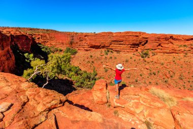 Kings Kanyonu 'nun kenarında kollarını açmış yürüyüş yapan bir kadın. Red Center Outback 'in tadını çıkarıyorum. Watarrka Ulusal Parkı 'nda kumtaşı oluşumları. Gün batımında Kral Kanyon Rim Yürüyüşü. Avustralya 'nın Kuzey Bölgesi