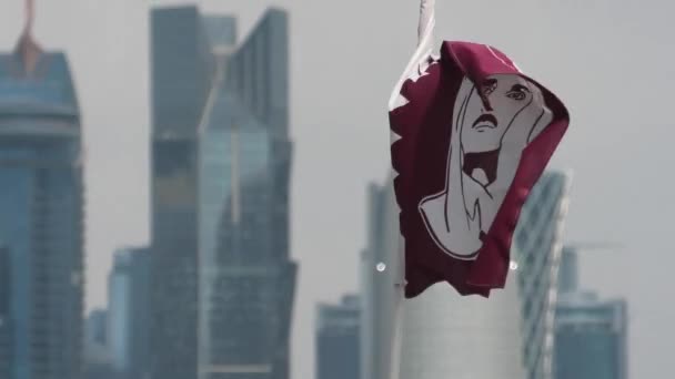 Doha Qatar Feb 2019 Qatars Flagga Med Emir Tamim Bin — Stockvideo