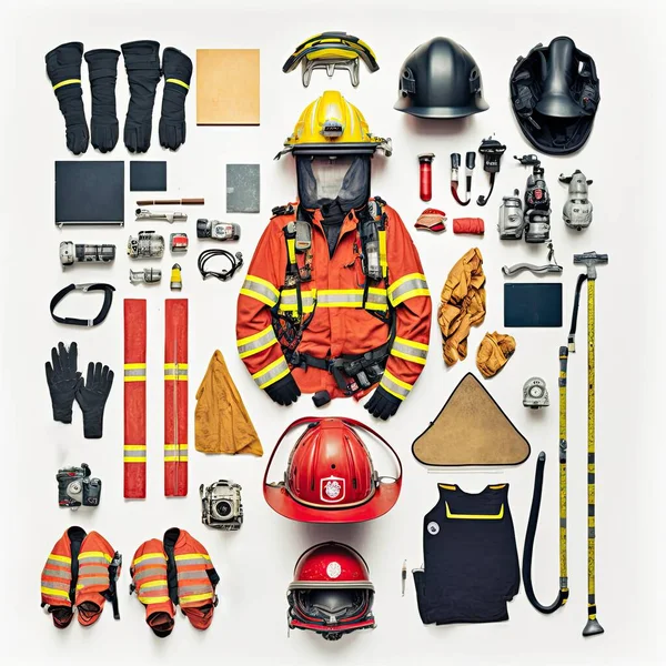 knolling flat-lay picture of firefighter gear with uniform and helmet. Firefighting equipment like extinguisher, fire blanket and gloves on white background with copy space.