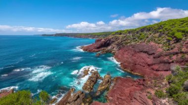Kırmızı Point lookout içinde Ben Boyds Milli Parkı, sıradışı kaya oluşumu manzaralı Boyds Kulesinin yakınında. Eden, Merimbula ve Sapphire Coast, yeni Güney Galler, Avustralya.
