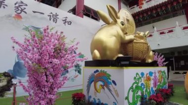 Kuala Lumpur, Malaysia - January 2023: Statues of adorable bunnies of Chinese New Year 2023, which is the year of the rabbit. Thean Hou Temple. This Buddhist temple to the Chinese sea goddess, Mazu.