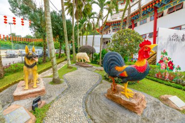 Kuala Lumpur, Malaysia - 2023: rooster zodiac sculpture to commemorate the Chinese New Year, the year of water rabbit in Chinese zodiac. In Thean Hou Temple, dedicated to the Mazu Chinese goddess.