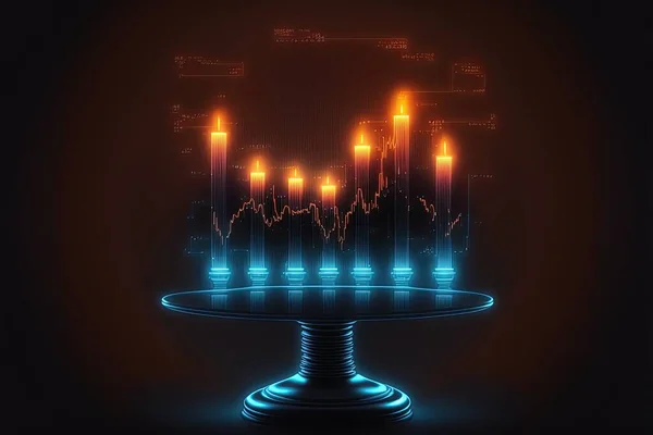 A dark screen background with visuals of colorful chart. Symbol of trading and a visual explanation of financial market developments in a certain time period, with led candles.