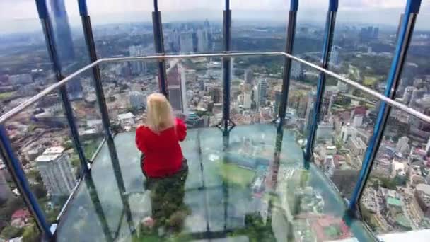 Girl Stands Barefoot Glass Bridge Kuala Lumpur Sky Brief Moment — Wideo stockowe