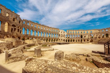 The interior of the Pula Amphitheater, known as the Coliseum of Pula. Well-kept Roman amphitheater in the city of Pula, Istria, Croatia. Built between the years 27 BC and 68 AD by the Roman Empire.