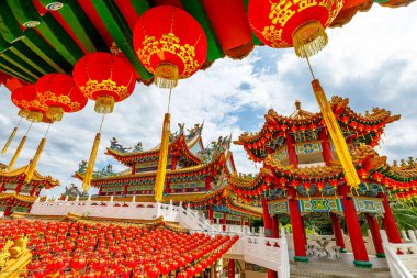 Red lanterns hang at the Chinese Thean Hou Temple in Kuala Lumpur, Malaysia, a temple dedicated to Chinese sea goddess Mazu. red lanterns displayed for Chinese New Year, the Water Rabbit.