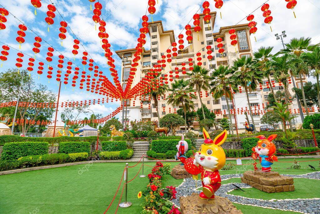 Kuala Lumpur, Malaysia January 2023 Cute rabbit statues celebrating