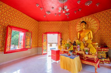 George Town, Penang, Malaysia - Jan 2023:Buddha statues inside the Wat Chaiya Mangalaram, a well-known Thai temple established in 1845 by Buddhist monks from Thailand with remarkable Buddha sculptures