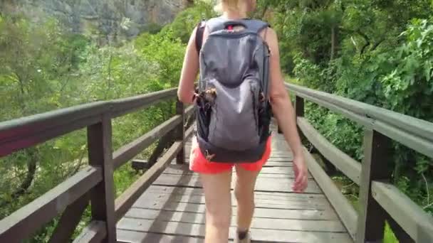 Backpacker Woman Walking Bridge Waterfalls Krka National Park Croatia Sibenik — Wideo stockowe