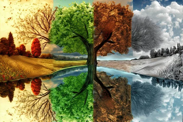 The water of a lake reflected the four seasons in a tree, symbolizing the concept of weather changing and the cycle of nature in time.