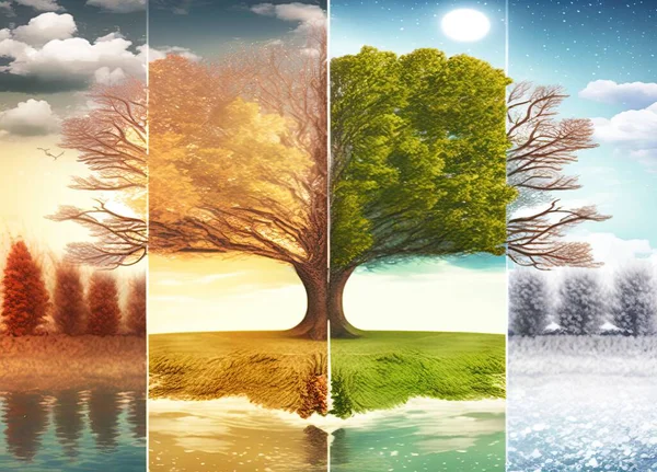 An abstract tree is composed of four different images of the same tree, depicting it in different seasons: spring, winter, summer, and autumn. Reflected in a lake. Concept of weather and nature cycles