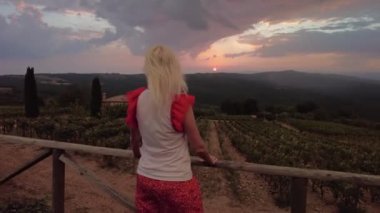 İtalya 'nın Tuscan kasabası Montalcino' nun gün batımında teraslı üzüm sıralarına bakan bir kadın. İtalyan kır bağlarındaki Toskana tarlaları ve ünlü şarap bölgesi. Gün batımında İtalya 'nın Toskana bölgesi.