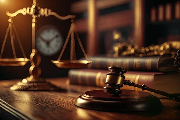 A close-up of a wooden lawyer table with a judges gavel and a golden weight scale. Blurred shelves of a library in the background. it conveys the concepts of justice, law, and corporate bankruptcies.