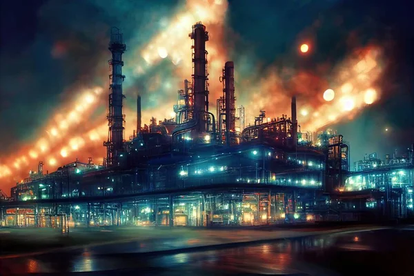 A brightly lit chemical factory is pictured at night, with colourful neon lights. The representation chemicals industry, an oil refinery. 3D illustration and digital painting.