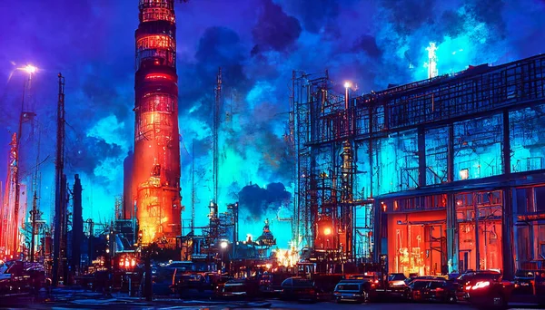 Floodlit chemicals factory at night with glowing colorful lights. Chemicals industry, oil refinery or power plant. Pipelines and smokestacks with raising smoke. Concept of pollution and gas price.